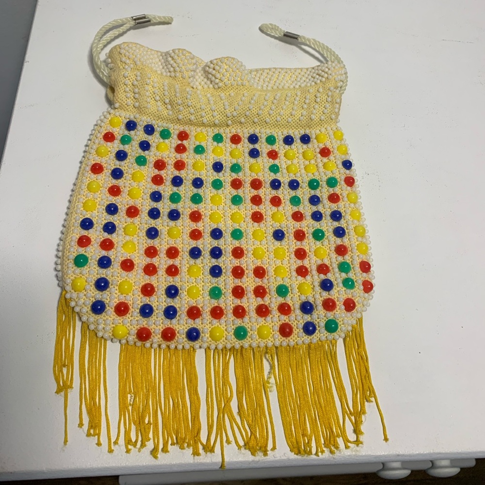 Vintage Beaded Multi colored Drawstring Purse Bag Pocketbook Retro Y2K MCM